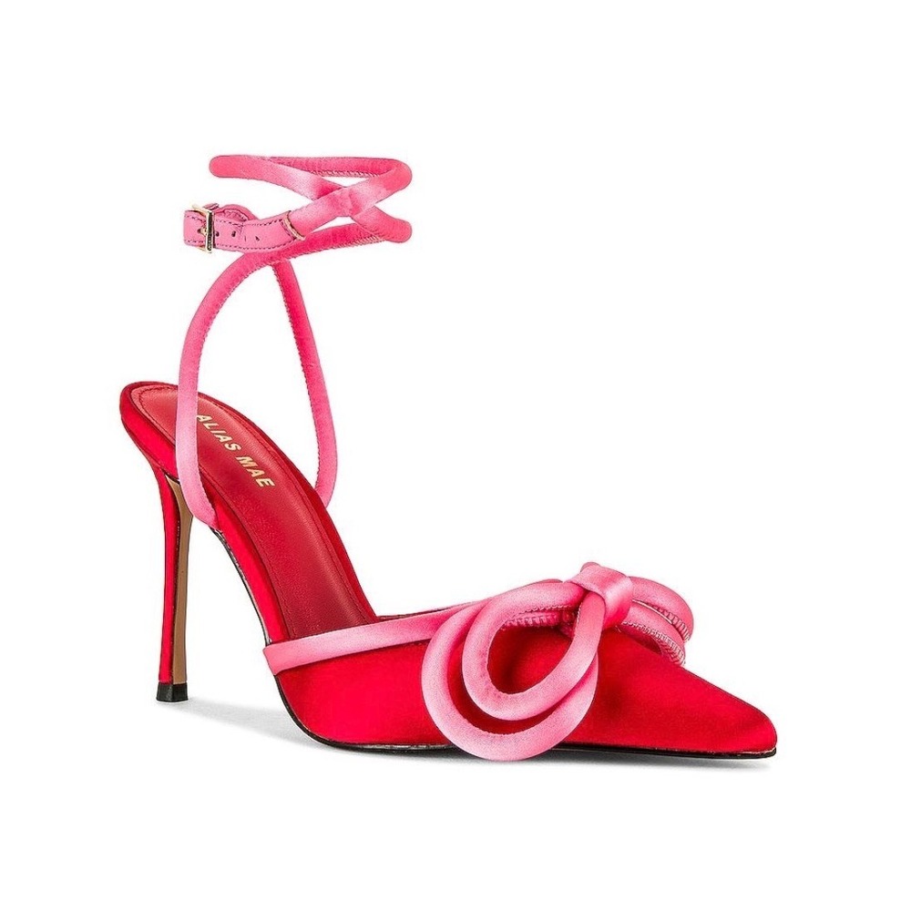 Alias Mae Bowie Pink Satin Bow Ankle Wrap Pointed Toe Stiletto Pumps Size 39